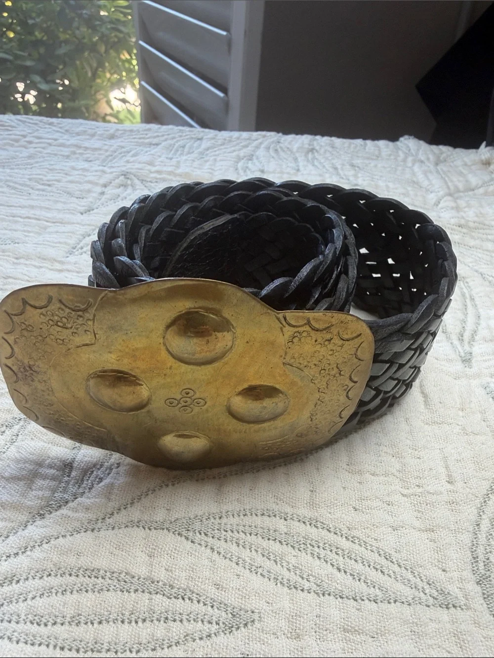 Vintage Woven Black Leather Belt with Brass Skull Buckle